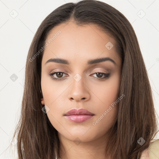 Neutral white young-adult female with long  brown hair and brown eyes