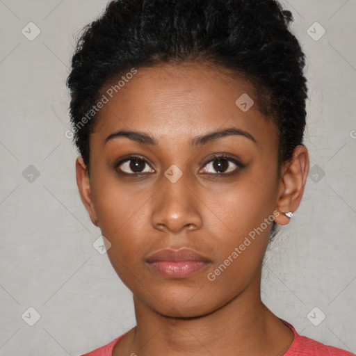 Neutral black young-adult female with short  black hair and brown eyes