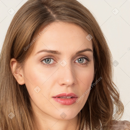 Neutral white young-adult female with long  brown hair and grey eyes