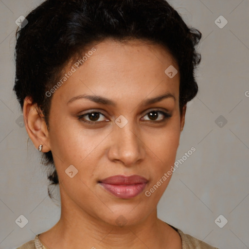 Joyful latino young-adult female with short  brown hair and brown eyes