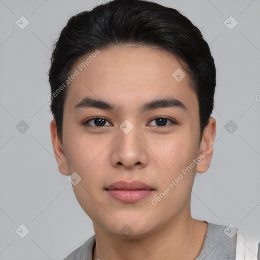 Neutral asian young-adult male with short  black hair and brown eyes