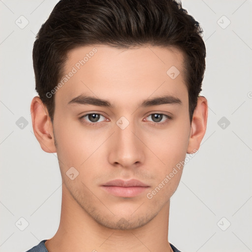 Neutral white young-adult male with short  brown hair and brown eyes