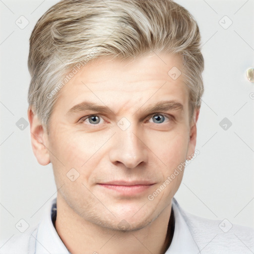 Joyful white adult male with short  brown hair and grey eyes