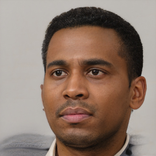 Neutral black young-adult male with short  black hair and brown eyes