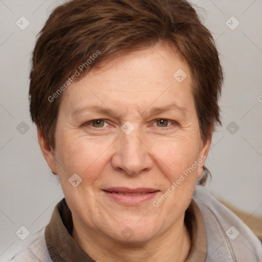 Joyful white adult female with short  brown hair and brown eyes