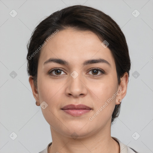 Joyful white young-adult female with short  brown hair and brown eyes