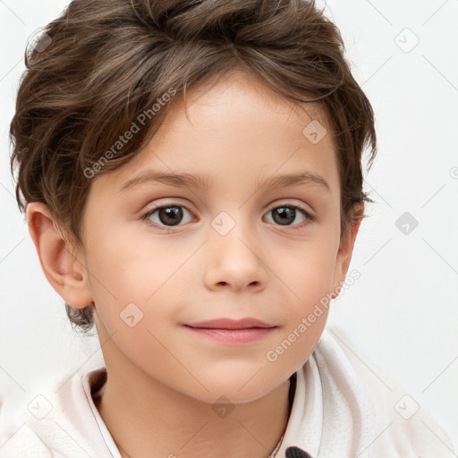 Joyful white child female with short  brown hair and brown eyes