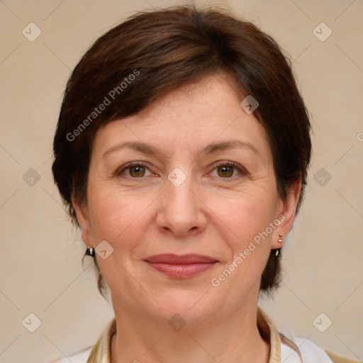 Joyful white adult female with medium  brown hair and brown eyes