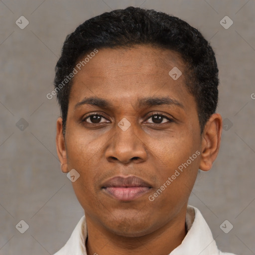 Neutral black young-adult male with short  black hair and brown eyes