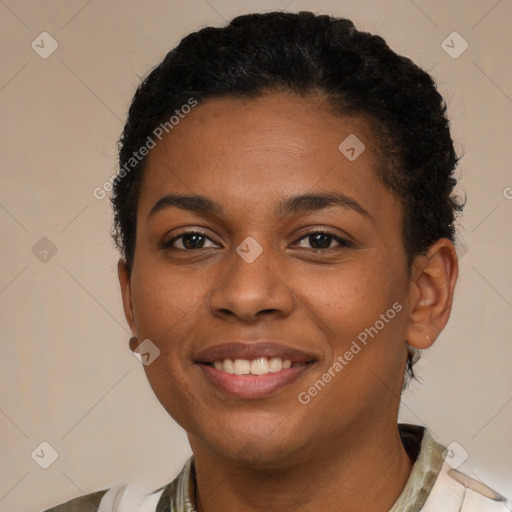 Joyful latino young-adult female with short  brown hair and brown eyes