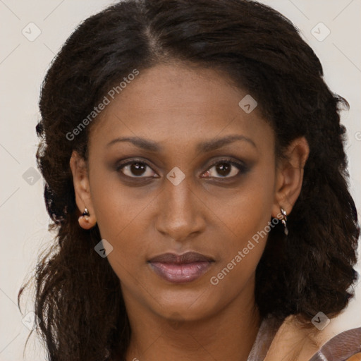 Joyful black young-adult female with medium  brown hair and brown eyes