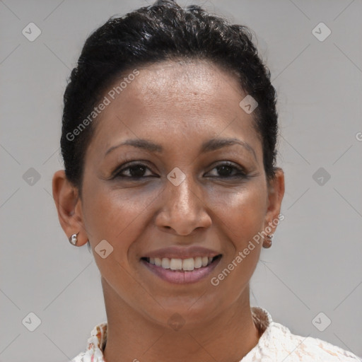 Joyful black young-adult female with short  brown hair and brown eyes