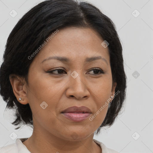 Joyful latino adult female with medium  brown hair and brown eyes