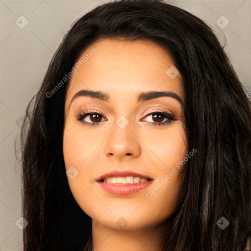 Joyful white young-adult female with long  black hair and brown eyes