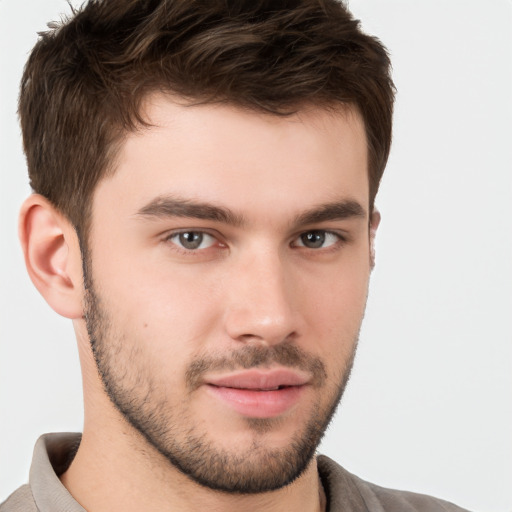 Neutral white young-adult male with short  brown hair and brown eyes