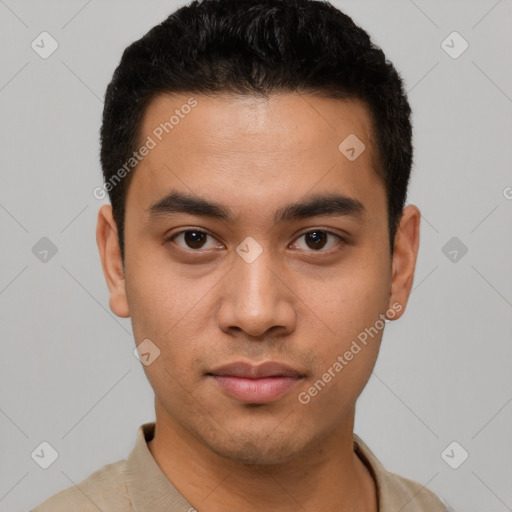 Neutral asian young-adult male with short  brown hair and brown eyes