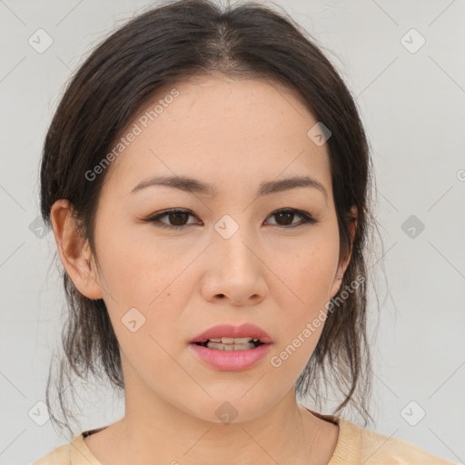 Neutral asian young-adult female with medium  brown hair and brown eyes