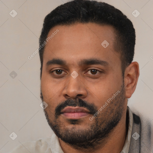 Neutral latino young-adult male with short  black hair and brown eyes