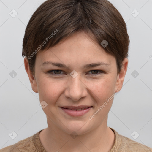 Joyful white young-adult female with short  brown hair and grey eyes