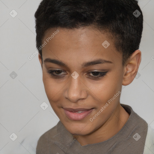 Joyful latino young-adult female with short  brown hair and brown eyes