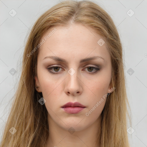 Neutral white young-adult female with long  brown hair and brown eyes