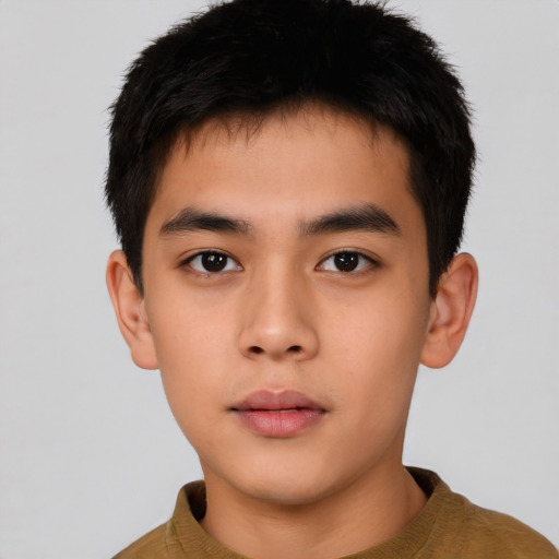 Neutral asian young-adult male with short  brown hair and brown eyes