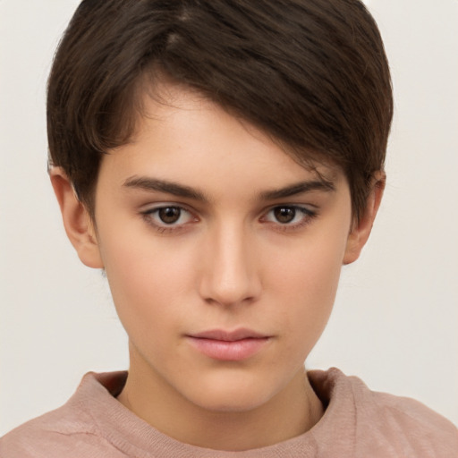 Neutral white young-adult female with short  brown hair and brown eyes