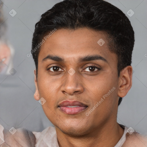 Joyful latino young-adult male with short  brown hair and brown eyes