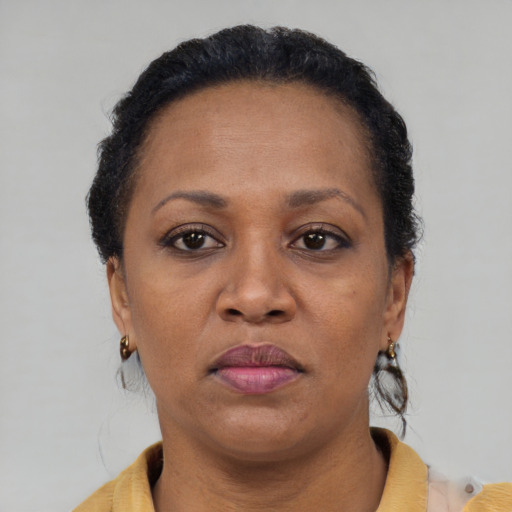 Neutral latino adult female with short  brown hair and brown eyes
