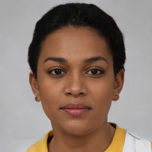 Neutral latino young-adult female with short  brown hair and brown eyes