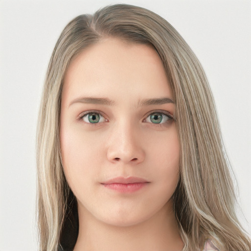 Neutral white young-adult female with long  brown hair and blue eyes