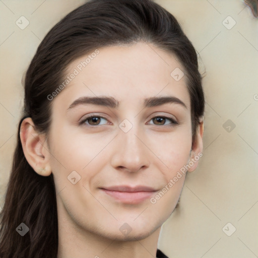 Neutral white young-adult female with long  brown hair and brown eyes