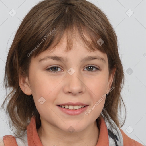 Joyful white child female with medium  brown hair and brown eyes