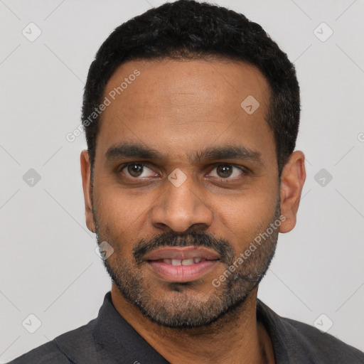 Neutral black young-adult male with short  black hair and brown eyes