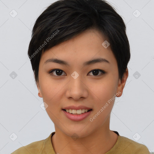 Joyful asian young-adult female with short  brown hair and brown eyes