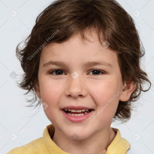 Joyful white child female with medium  brown hair and brown eyes