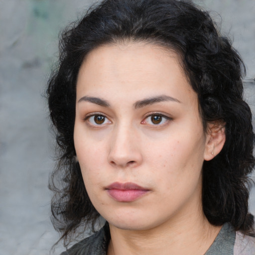 Neutral asian young-adult female with medium  brown hair and brown eyes