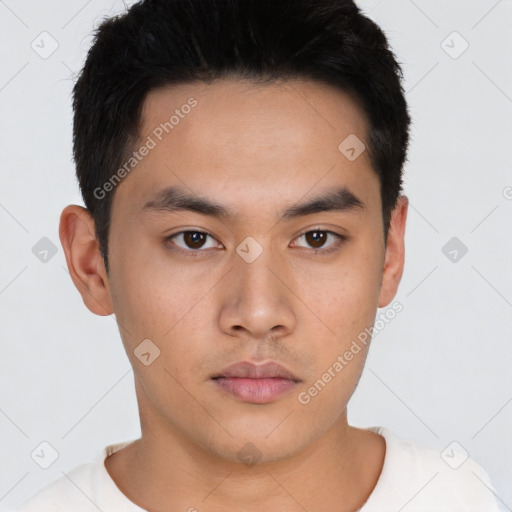 Neutral asian young-adult male with short  brown hair and brown eyes