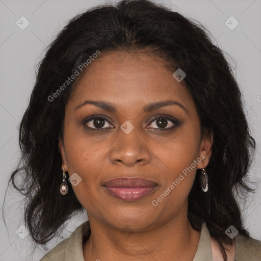 Joyful black young-adult female with medium  brown hair and brown eyes
