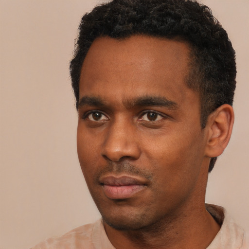 Neutral black young-adult male with short  black hair and brown eyes