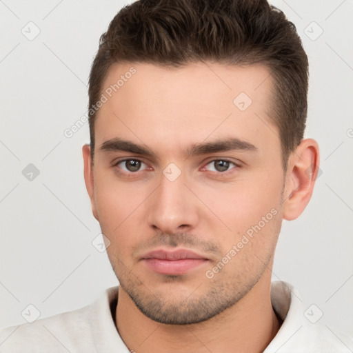 Neutral white young-adult male with short  brown hair and brown eyes