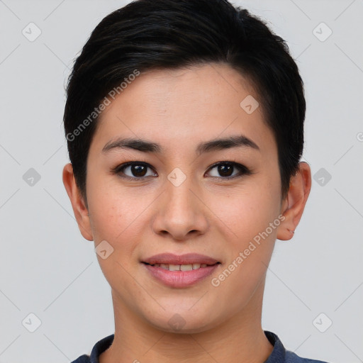 Joyful asian young-adult female with short  brown hair and brown eyes