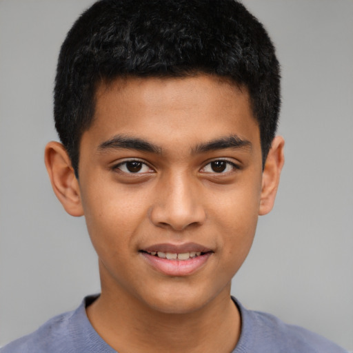 Joyful latino young-adult male with short  brown hair and brown eyes