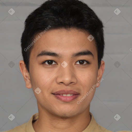 Joyful asian young-adult male with short  brown hair and brown eyes