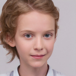 Joyful white child female with medium  brown hair and blue eyes