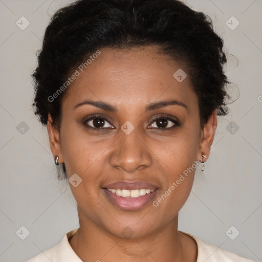 Joyful latino young-adult female with short  brown hair and brown eyes