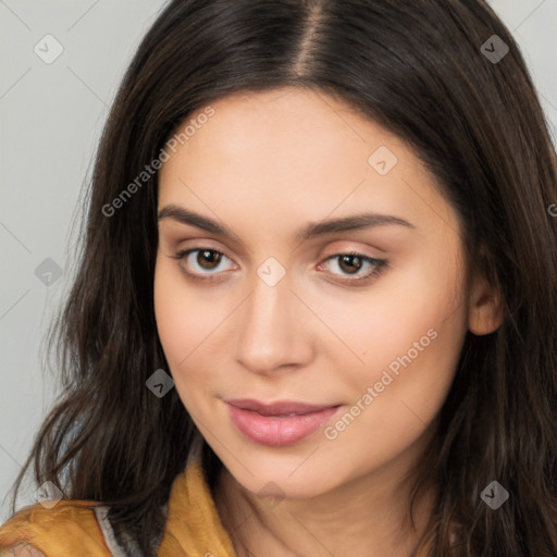 Neutral white young-adult female with long  brown hair and brown eyes