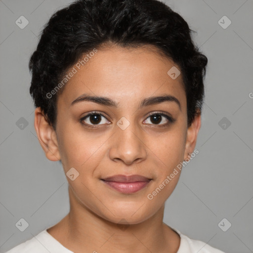 Joyful latino young-adult female with short  brown hair and brown eyes