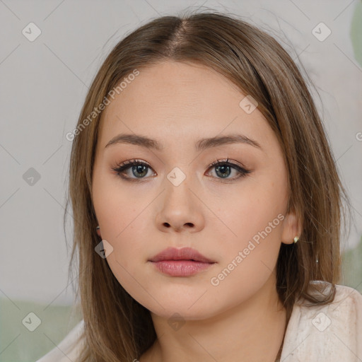 Neutral white young-adult female with medium  brown hair and brown eyes