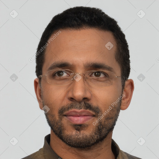 Neutral black adult male with short  black hair and brown eyes
